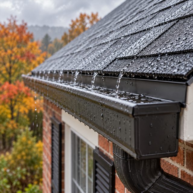 Rainwater flowing from asphalt shingles into a gutter system in Hellertown, PA