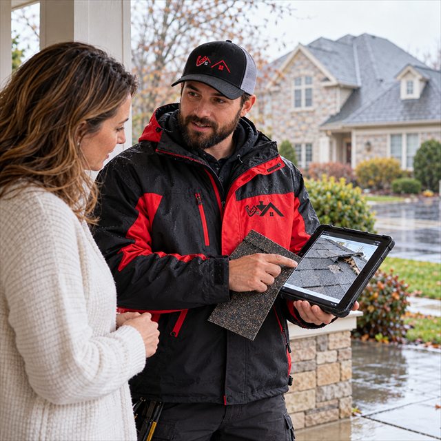 Roof Strong roofing contractor discussing roof damage and shingle options with a homeowner for roofing contractor services near me