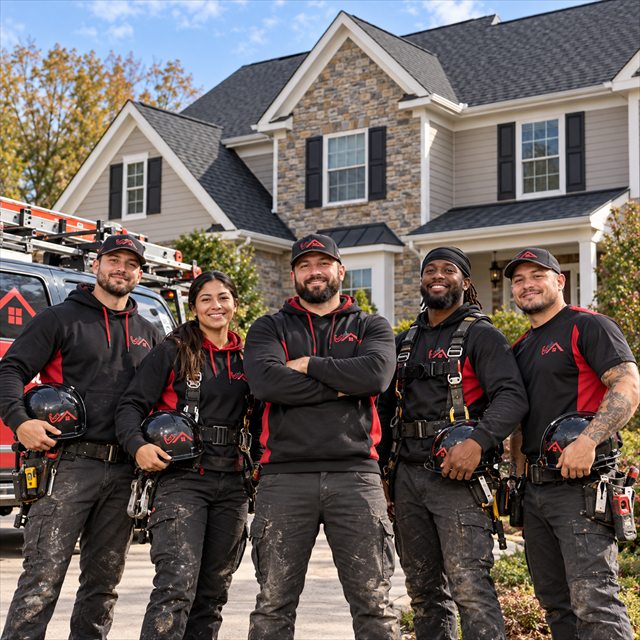 Alt Text: Roof Strong roofing crew outside a residential property for roofing contractor services in Quakertown, PA